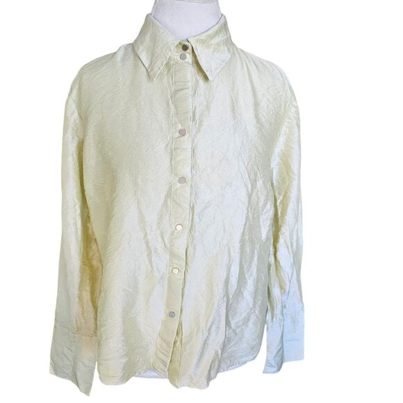 Y2K Raw Silk Shirt Sz XL Petite Snap Light Green Long Sleeve Irridescent Office - Picture 12 of 12